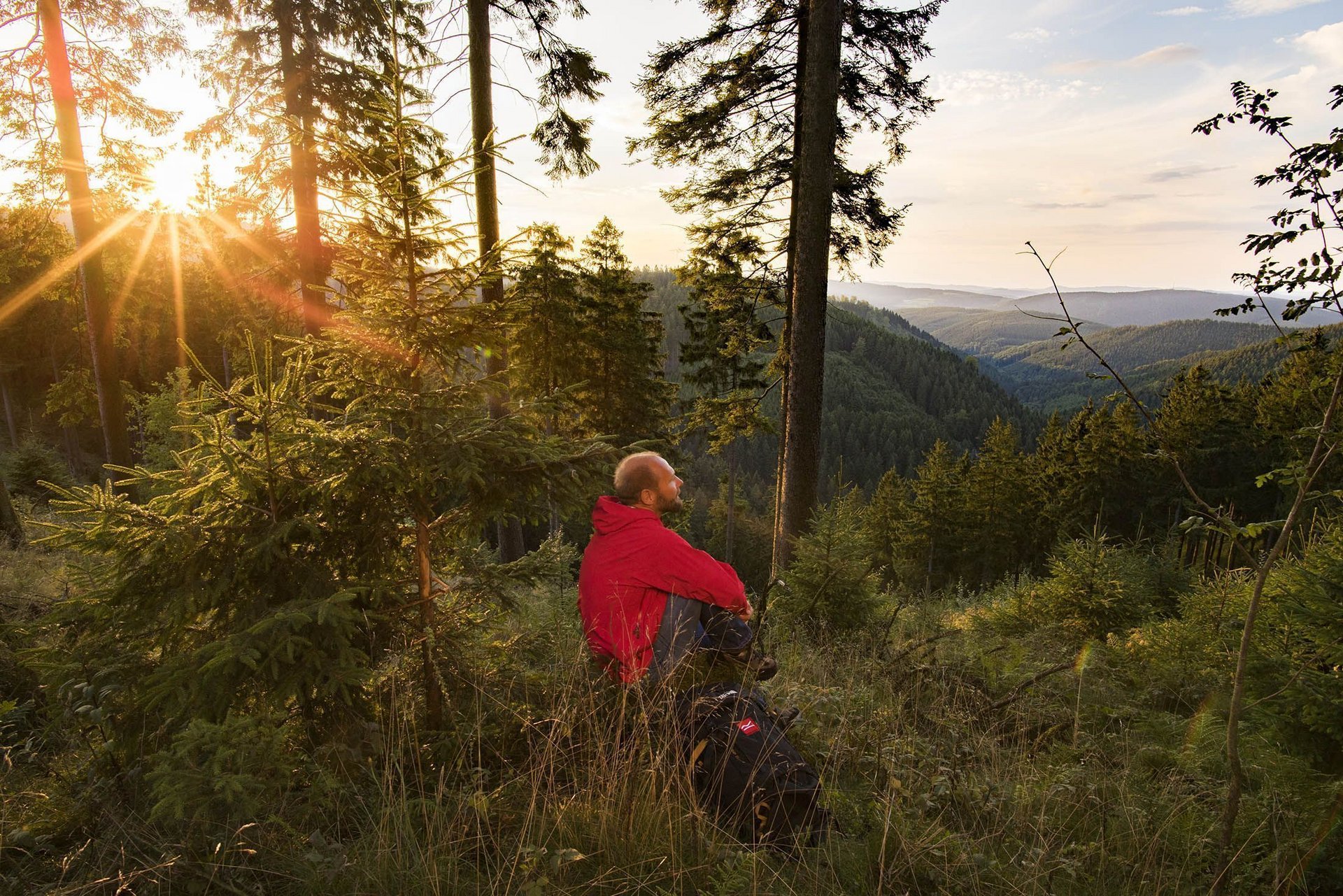 Wanderweg Rothaarsteig Mann sitz bei Sonne im Wald